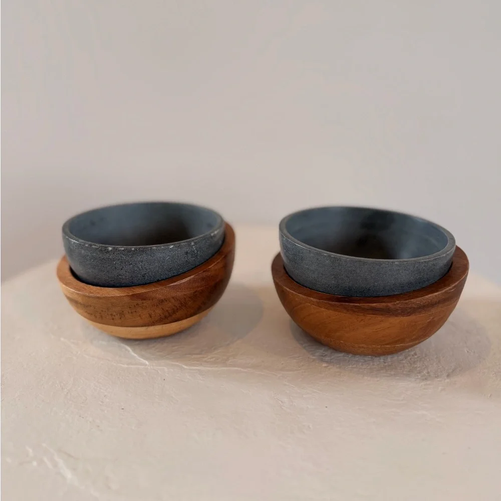 SOAPSTONE & WOOD ICE CREAM BOWL SET FREEZABLE BOWL INSULATING WOOD BOWL MODERN - Picture 3 of 9